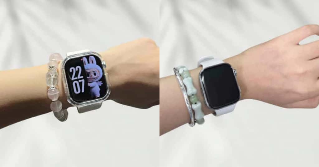 カジュアルな日常シーンApple Watch（スポーツバンド） + シンプルなレザーのブレスレット
