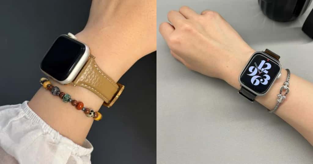 Apple Watch（レザーバンド） + パールやシンプルなゴールドのブレスレット