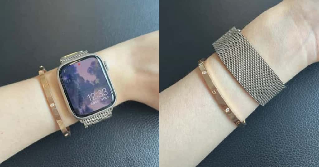 Apple Watch（ミラネーゼループ）と細身の金属製ブレスレット